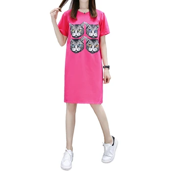

2019 new women's cat print short-sleeved T-shirt dress Large size 3XL Women's Summer dress large size loose dress