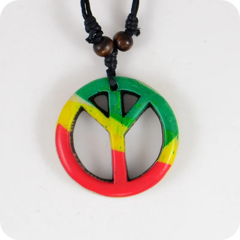 

Red Yellow Green Revers Peace Sign Resin Pendant Necklaces Jamaica Tafari Rastafarian Reggae Amulet Lucky Gift Cool Tribal Totem