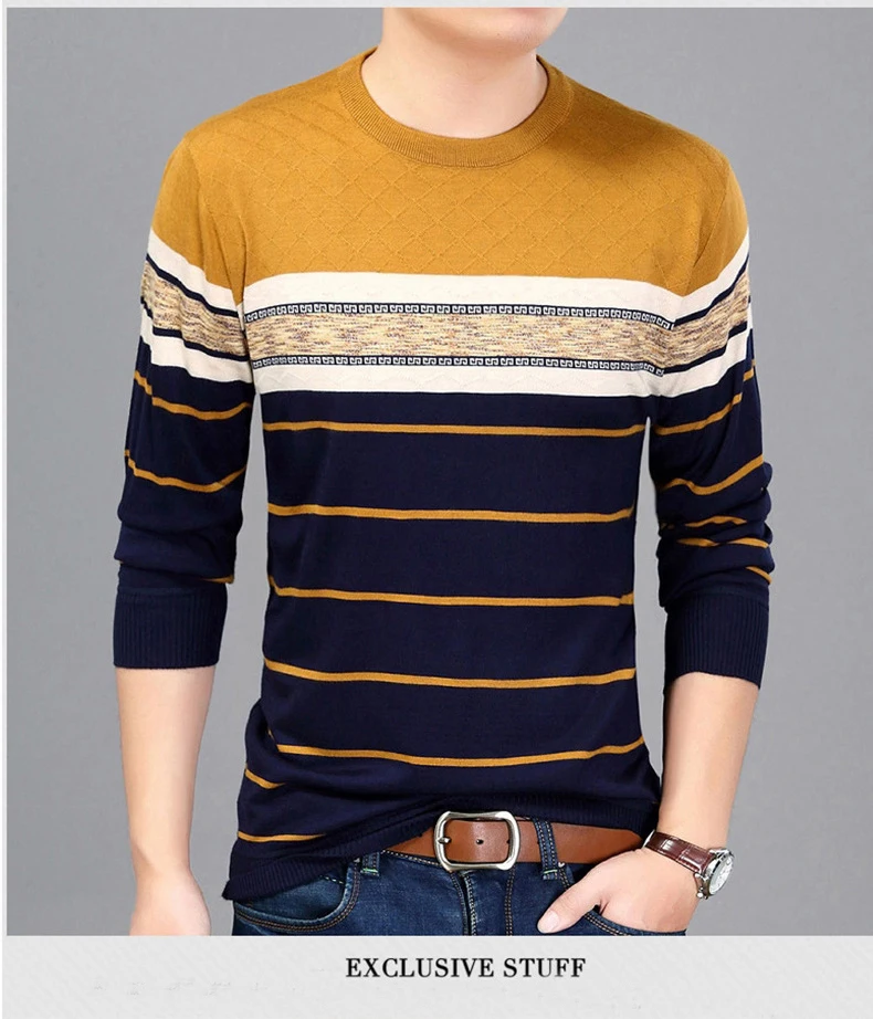 Thoshine бренд Демисезонный Стиль Для мужчин трикотажные тонкие свитера в полоску с круглым вырезом Длинные Повседневное шерсть пуловеры легкий мужской верхней одежды