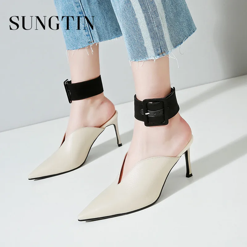 Sungtin пикантные острый носок туфли на высоком каблуке Для женщин классический ручной работы из натуральной коровьей Кожаные туфли-лодочки леди Слипоны; Летняя обувь черный