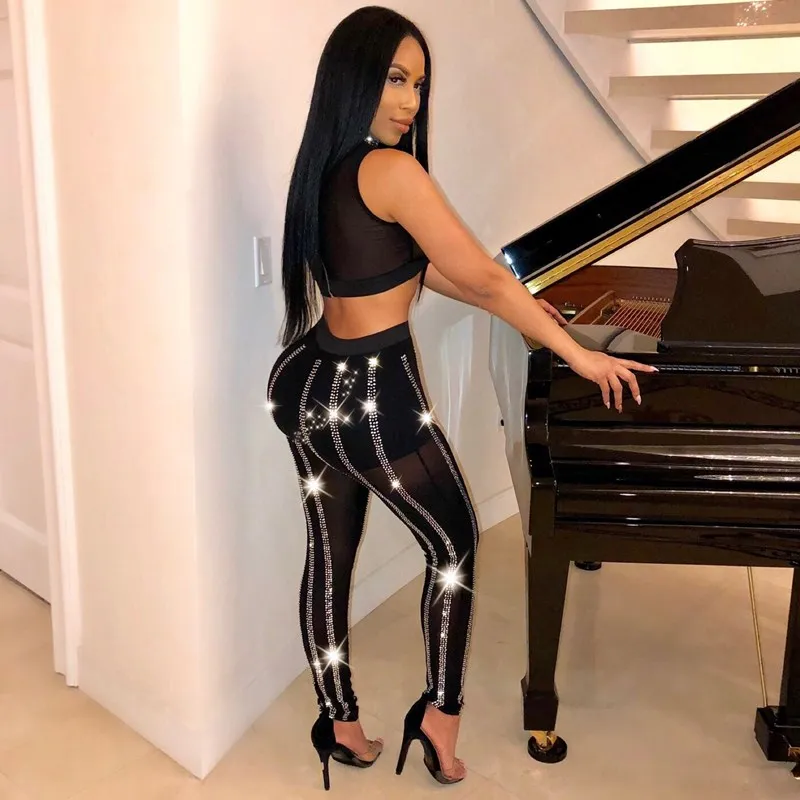 

2019 Mesh Rhinestone Women Two Piece Outfits Crop Top And Skinny Pants Sexy Set Clubwear Overalls