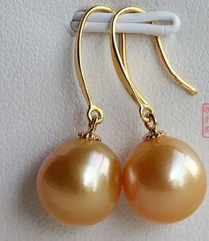

charming10-11mm natural round south sea gold pink pearl dangle earrings 14KG