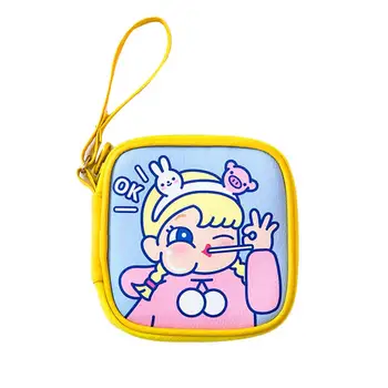 

Cute Cartoon Girl Square Mini Coin Purse Earphone Cable Zipper Storage Pouch