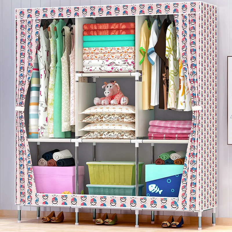 Double Pole Clothing Closet Dress Rack Bedroom Storage Organizer Cabinet Portable Folding Cloth Wardrobe for Home Furniture Double Pole Clothing Closet Dress Rack Bedroom Storage Organizer Cabinet Portable Folding Cloth Wardrobe for Home Furniture