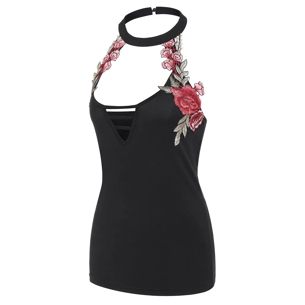 

sexy top women embroidery floral flower Women's elegant Sleeveless V-neck Halter party club night Appliques Vest vestidos de #G7