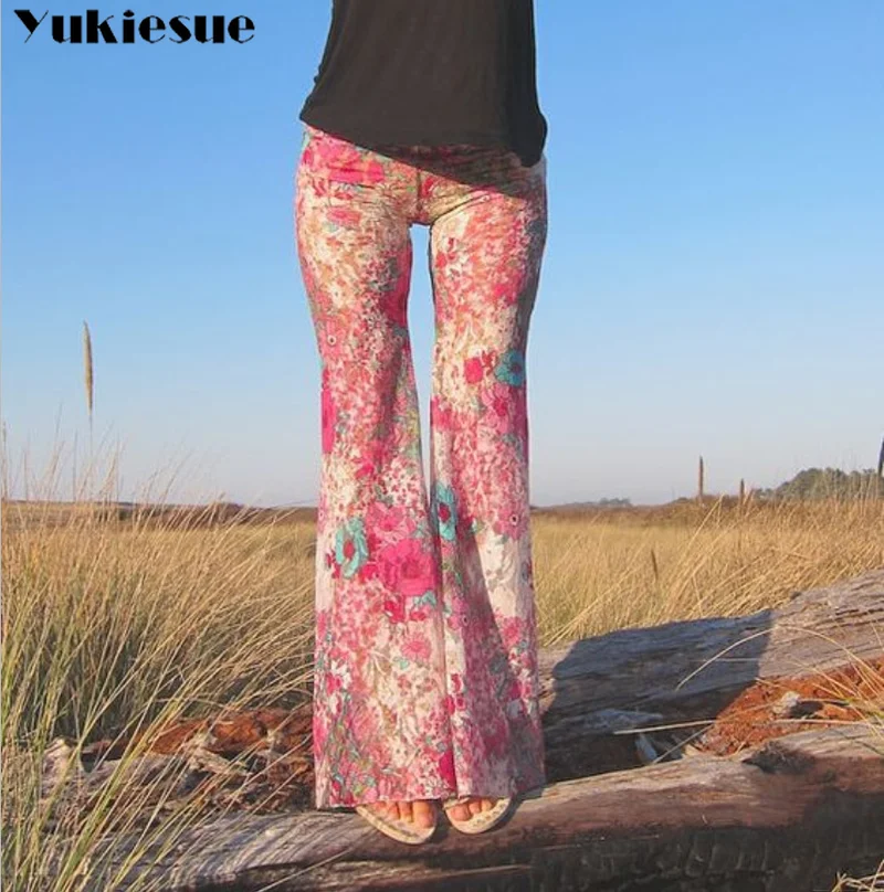 Уличная Женская Брюки с высокой талией богемные boho пляжные принты расклешенные брюки для женщин брюки женские большие размеры