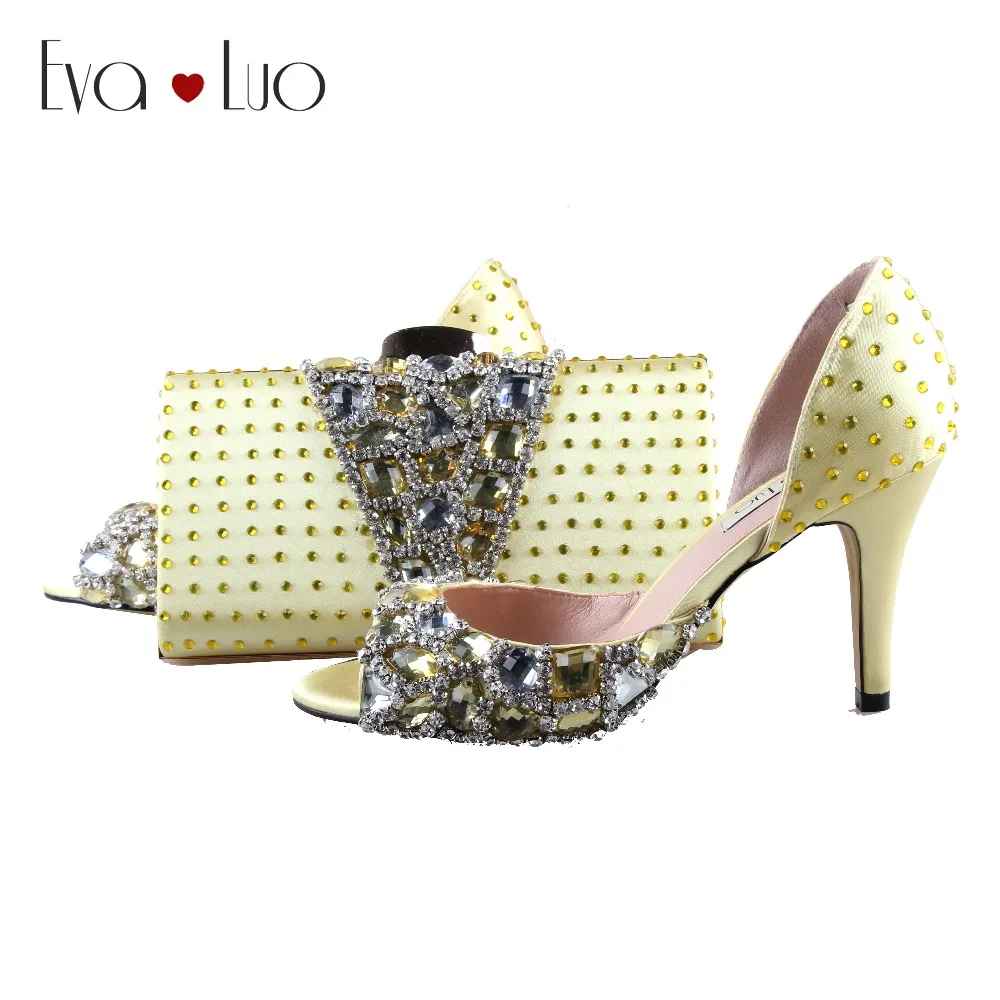 

BS967 DHL Custom Made Light Yellow Crystal Shoes With Matching Bag Set Peep Toe Women D'Orsay Dress Pumps Bridal Wedding Shoes