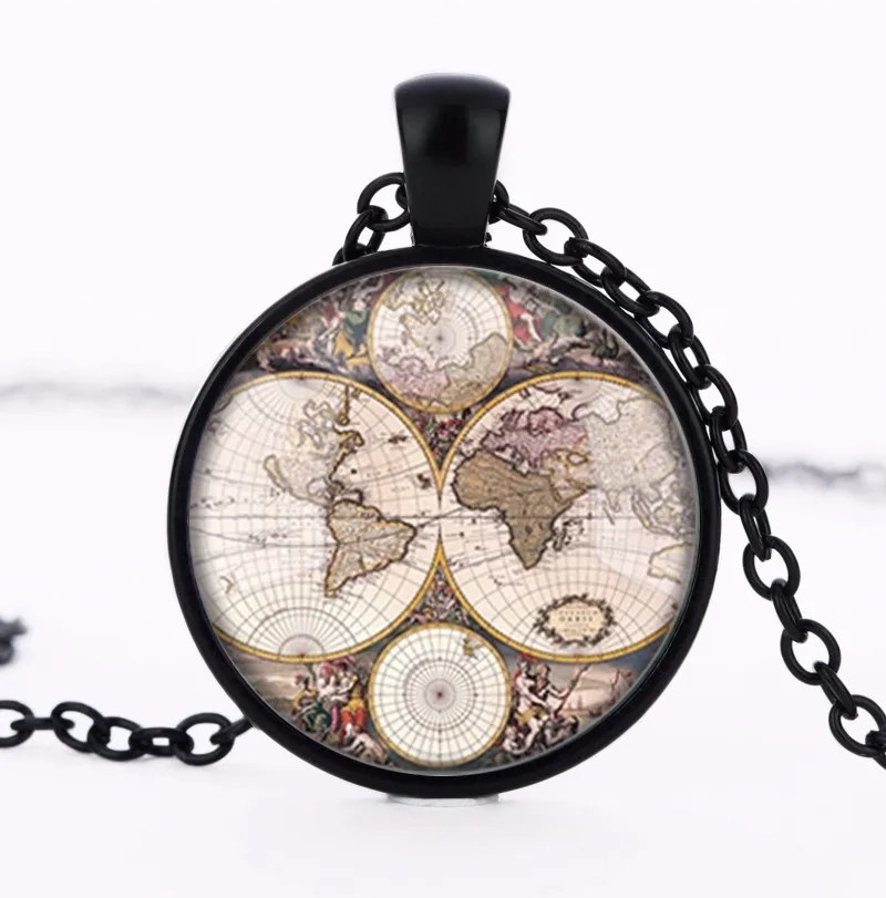 Ожерелье ручной работы с изображением старой карты мира|glass pendant|map necklaceworld map necklace