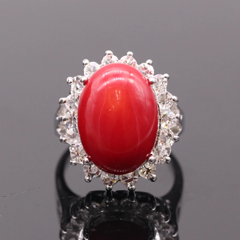 Fashion Women Ring Oval Natural Real Red Coral White Zircon Platinum Plated Ring