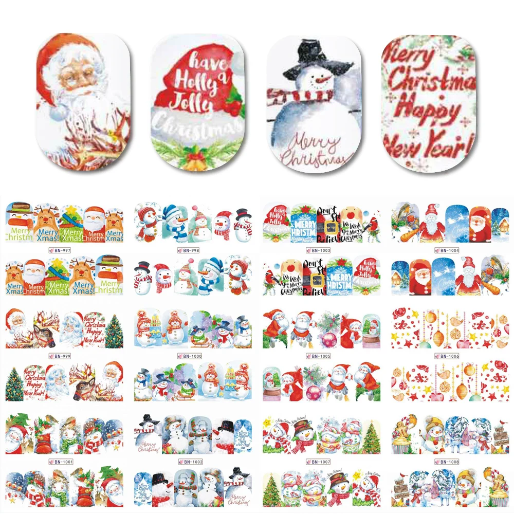 12 шт переводные наклейки для ногтей с водой, Рождественский Снеговик, клейкие слайдеры, новогодние украшения, обертывания, JIBN997-1008 для маникюра