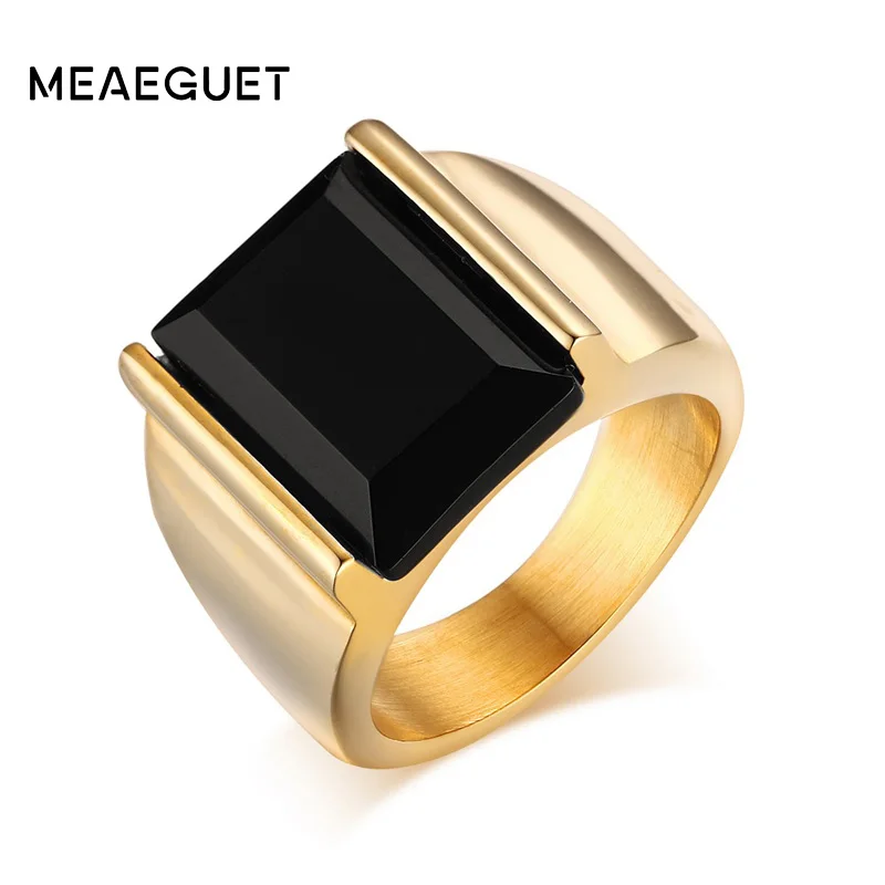 Meaeguet Rings For Men Stainless Steel Wedding Rings For Male Jewelry Vintage Gold-Color Stone Rings