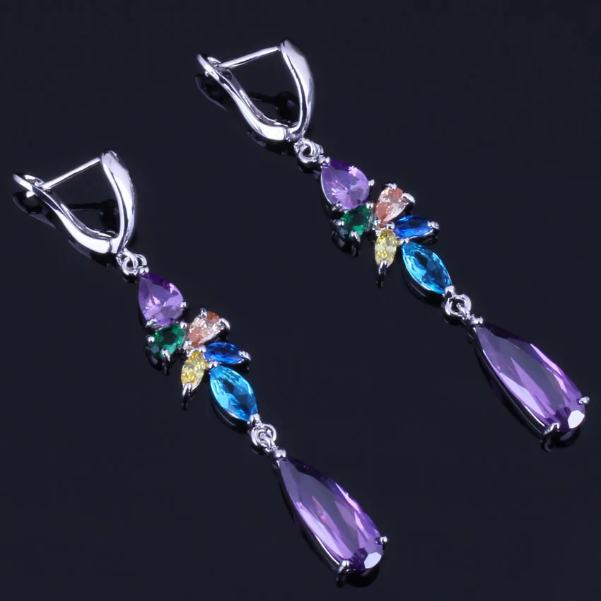 Majestic Water Drop Multigem Multicolor Purple Cubic Zirconia Silver Plated Dangle Earrings V0817 | Украшения и аксессуары