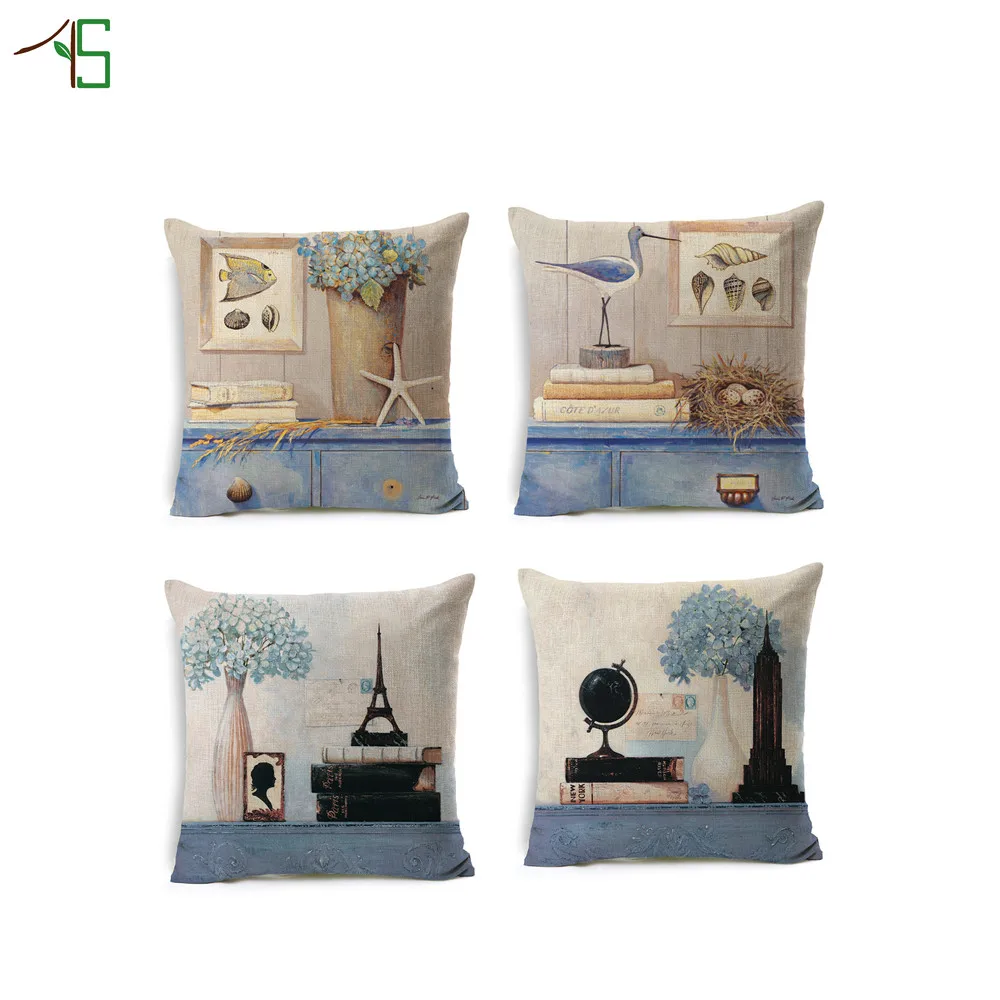 European Mediterranean Cushion Cover Navy Blue Colour PillowCase Cotton Linen Cojines Capa Para