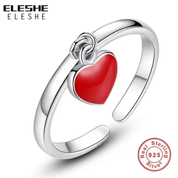 

ELESHE Special Unique Romantic 925 Sterling Silver Open Rings With Red Enamel Love Heart Finger Ring for Women Wedding Jewelry