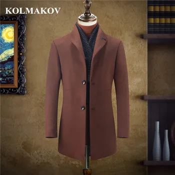 

KOLMAKOV 2018 New Men's Fashion Woolen Coats with Detachable Scarf Thick Winter Wool Overcoats M-3XL Slim Fit Solid Coats Homme