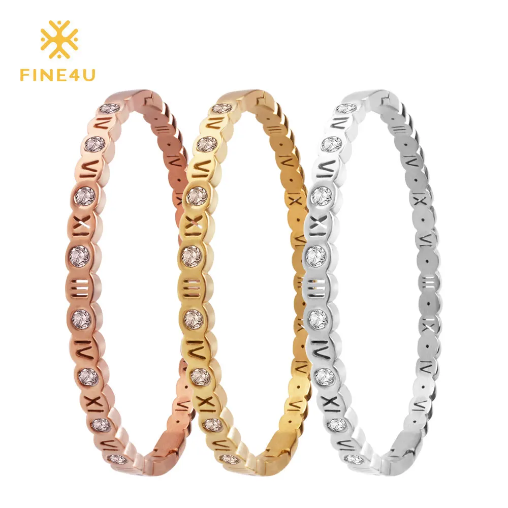 

FINE4U B088 Roman Numeral Cuff Bracelet 316L Stainless Steel Bracelets & Bangles For Women Wedding Zircons Jewelry 3 Colors