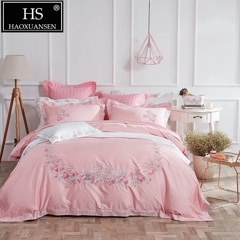 cheap Luxury 100% Cotton Pink 4pcs Bedding Set Delicate Floral Embroidery Adult Bedding 650 Thread Count Bed Sheet Set Queen King Size