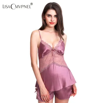 

Lisacmvpnel Summer New Hollow Women's Lace Sexy Pajamas Spaghetti Strap Nightgown+Short Set Women's Lounge Pajama Set