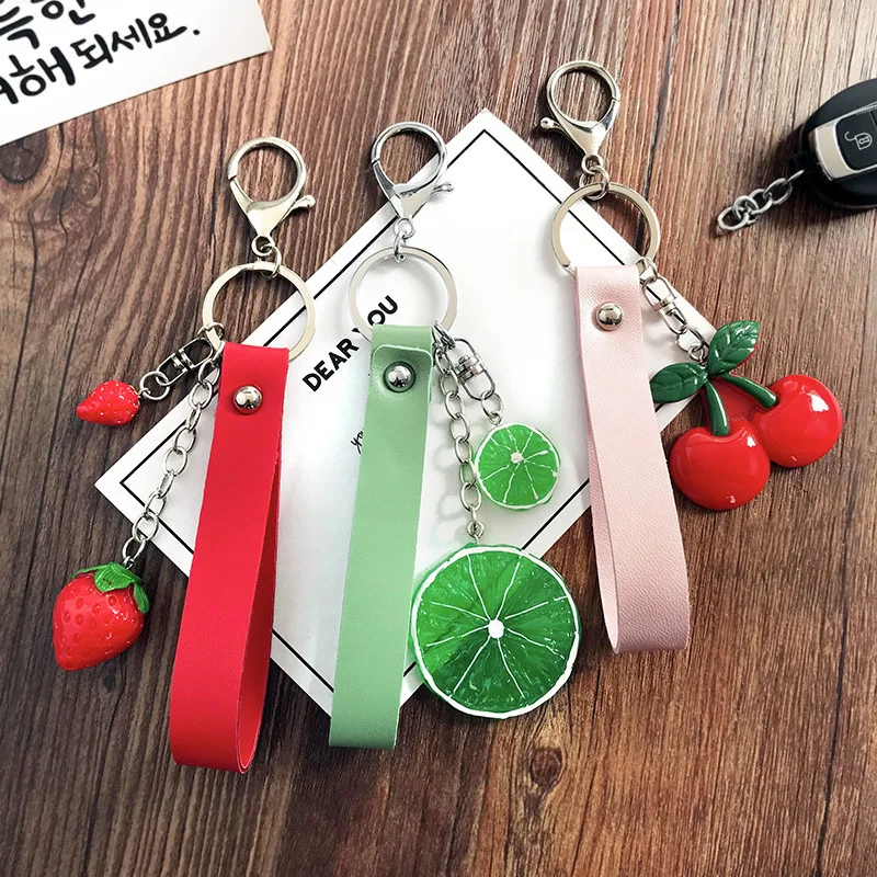 

Doreen Box Cute Fresh Acrylic Fruit PU Leather Rope Keychain Keyring Silver Color Ring Lobster Clasp Car Key Bags Pendant 1 PC