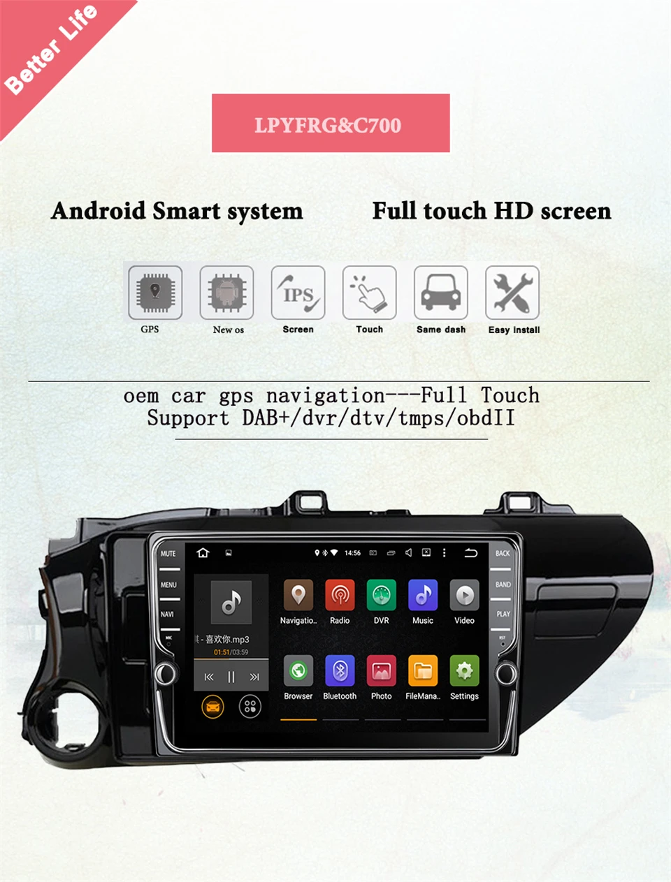 Cheap Android 9.1 4GB 64GB Octa Core Car DVD Player For Toyota Hilux 2012 - 2015 Car Radio Multimedia GPS Navigation AUX Tape Recorder 2