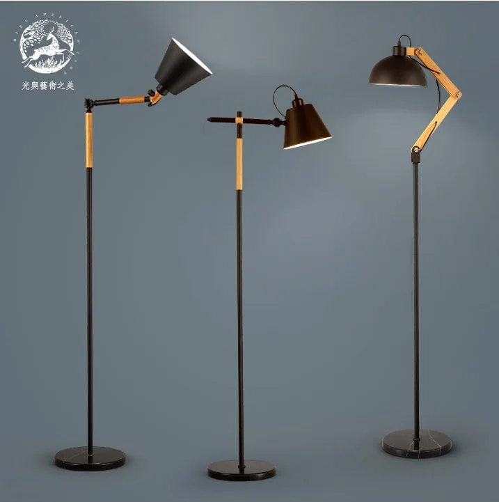 

Floor Lamp with Metal Rod and Wood Arm, Adjustable Light, Marble Base