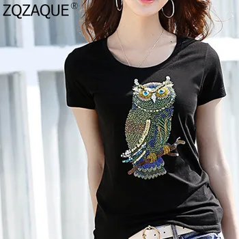 

Luxury Beading Manual Diamonds Owl Girls Nice Summer Tops Korean Trendy Style Women's Slim O-neck T-shirts HOT SALE tees SY1220