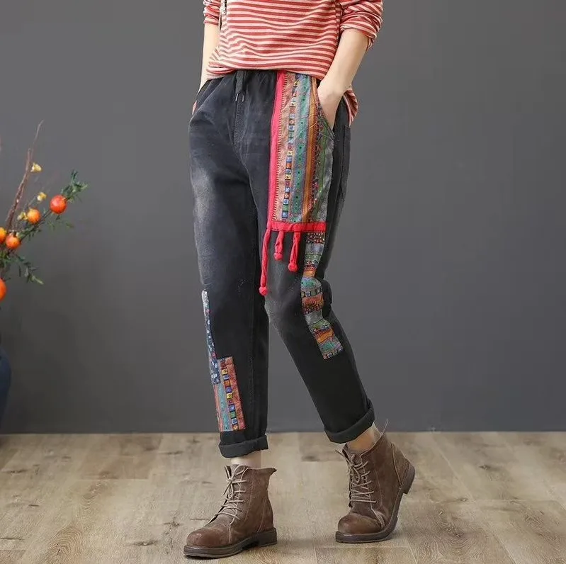 

Hot Autumn Winter Jeans Retro Women Loose Elastic Waist Denim Pants New Patchwork Bleached Casual Female Denim Trousers
