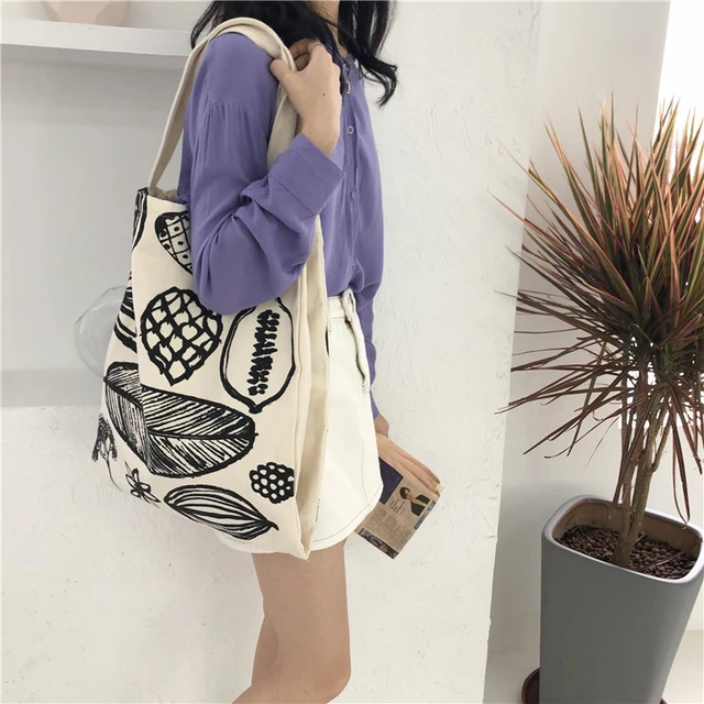 Bolso de hombro de lona con estampado de hojas para mujer bolsos de compras grandes tela de lino de algod n ecol gico bolso grande Tote de libros lindos para ni as