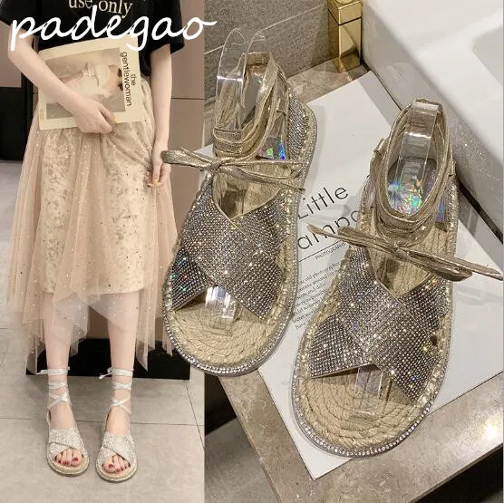

Sandals female 2019 summer new fashion rhinestone cross strap flat bottom bag with women sandals A254