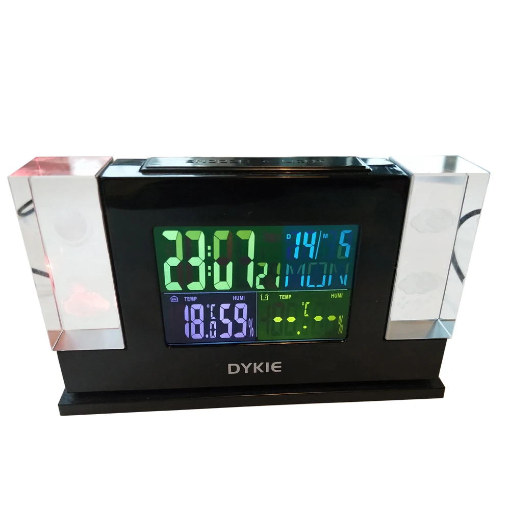 

DYKIE Indoor Outdoor Temperature Humidity Colorful Display Display DCF Controlled Weather Station with Power Adapter Hot Sale