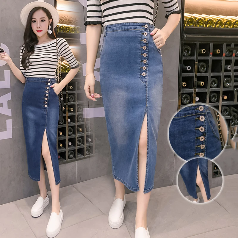 Long Denim Skirt Women High Waist Split Blue Jeans Skirt Cowboy Midi