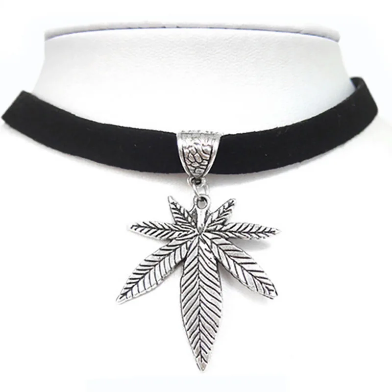 

1pcs Black Flat Faux Suede Leather Cord / Silver Pot Gold Weed Leaf Charm 13" Choker Necklace Collares Gothic Fashion Jewelry