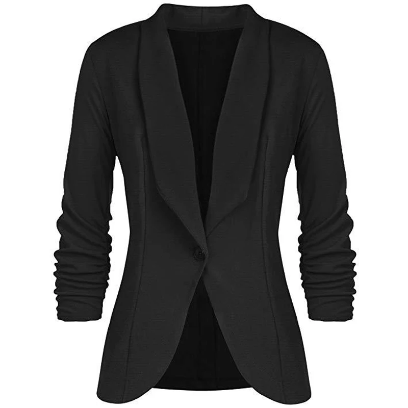 CINESSD, офисный женский пиджак, однотонный Кардиган с длинным рукавом, на пуговицах, повседневный костюм, темно-синий, Драпированный, тонкий, хлопковый, Женский блейзер - Цвет: Черный