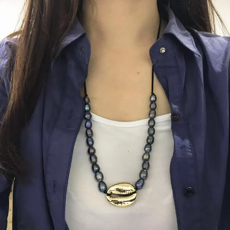 

Boho Puka Natural Cowrie Shell Statement Necklace Women Baroque Pearl Bijoux Choker Necklace Collier Coquillages Jewelry 2019