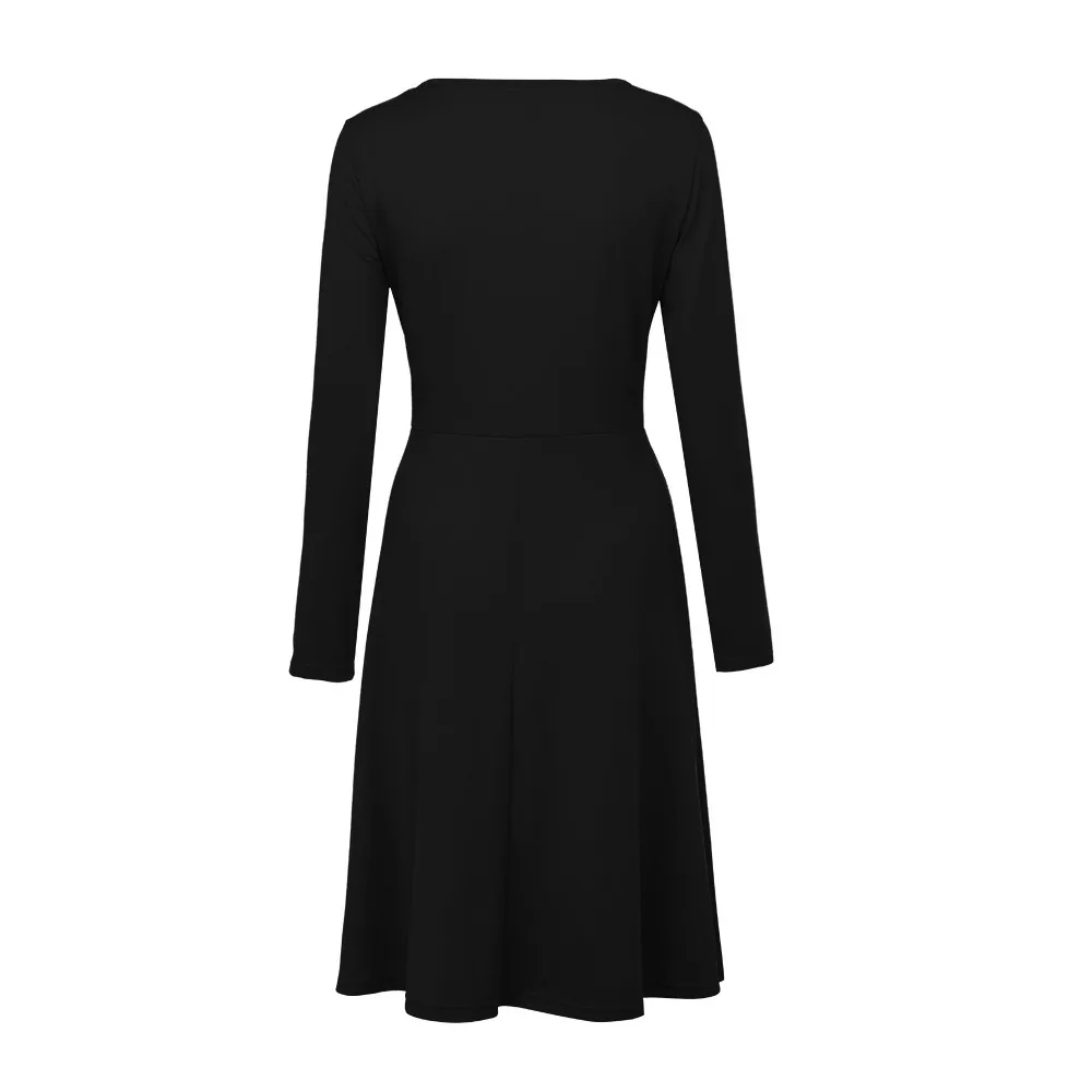 Зимнее платье женская одежда винтажное однотонное черное платье с длинным рукавом повседневное элегантное платье с круглым вырезом vestidos