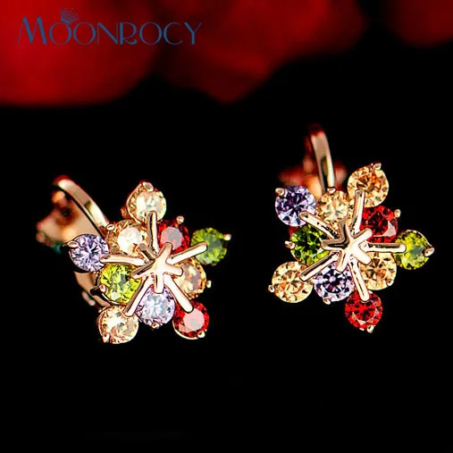 

MOONROCY Drop Shipping Fashion Jewelry Colorful Rose Gold Color Crystal Clip Earrings Snow Flower for Women Girls Jewelry Gift
