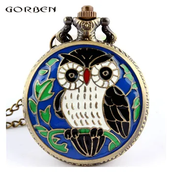 

Bronze new design blue night owl antique quartz pocket watch pendant men or women beautiful pocket watch with necklace P33
