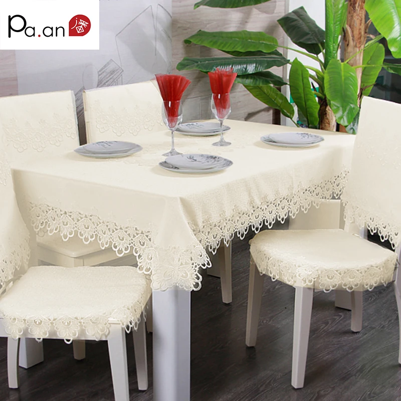 

Fashion Polyester Tablecloth Rectangular Ivory Lace Flower Embroidered Edge Home Wedding Party Table Covers High Quality