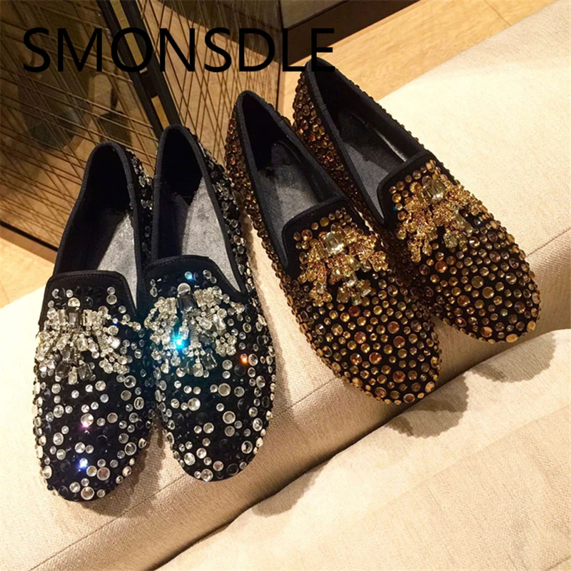 

2018 New Spring Summer Full Cover Crystal Shoes Woman Round Toe Slip On Women Flats Loafers Shoes Casual Suede Women Shoes