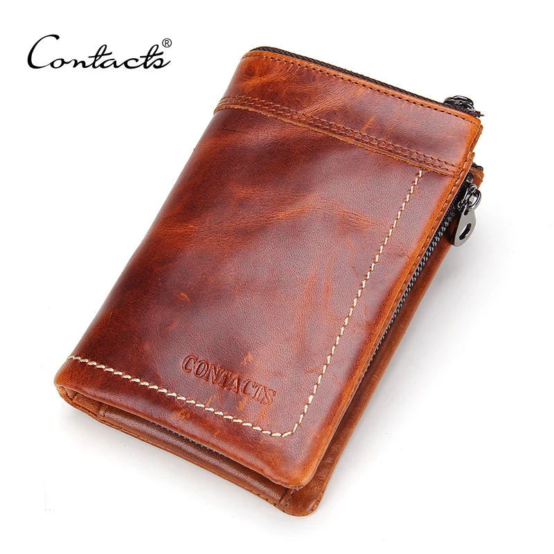 CONTACT'S Crazy Horse Leather Men's Wallets Short Design Multi-function Man Purse Zipper Coin Pocket Man Wallet ID Card Holders