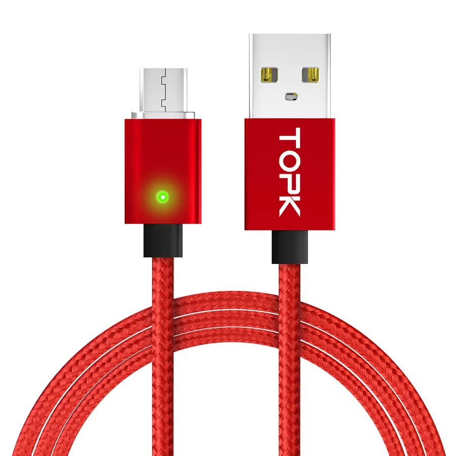 Магнитный кабель Micro USB TOPK F-Line и кабель usb type-C для синхронизации данных, светодиодный кабель с нейлоновой оплеткой и магнитным индикатором для зарядного устройства USB C