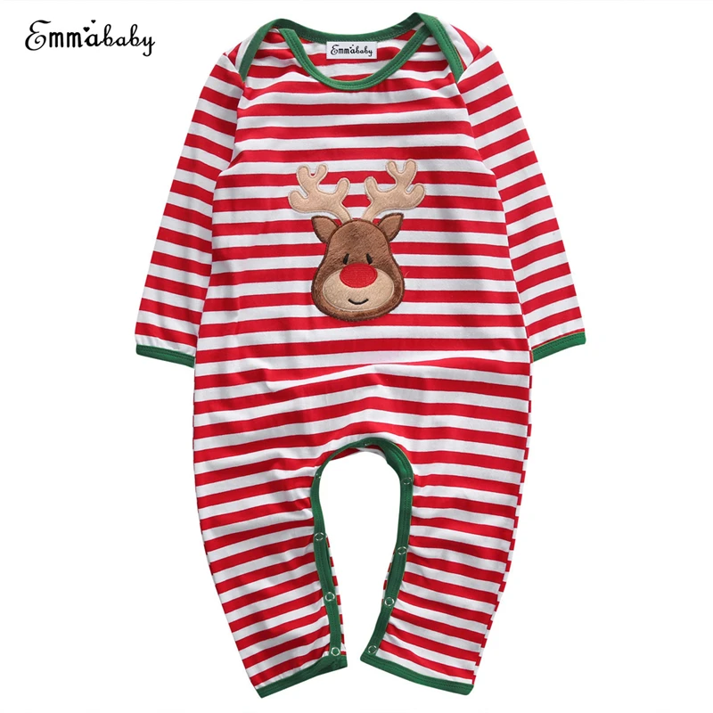 

Emmababy New born Baby Boy Girl bear applique Christmas Clothes red striped Rompers bebe kids girls boys Tops Xmas cotton Romper