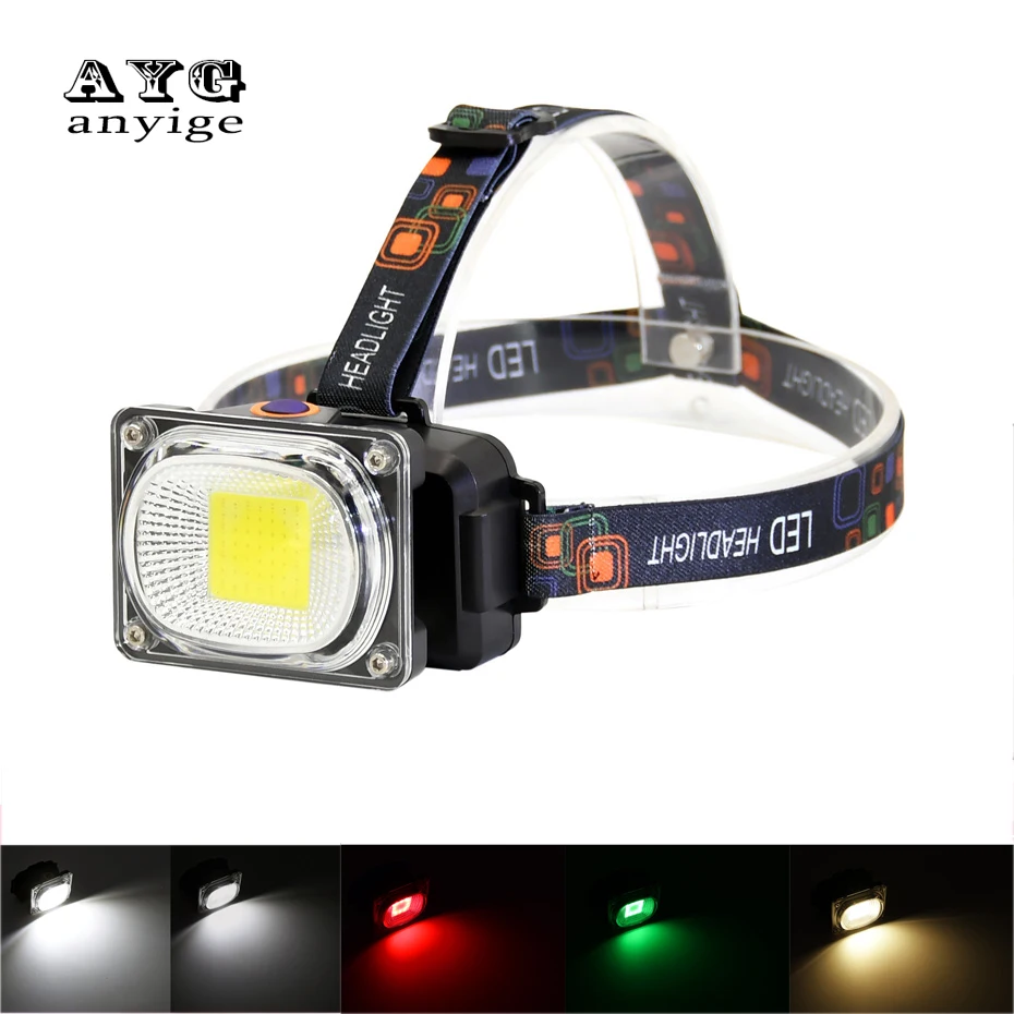 ANYIGE COB LED Headlight white Red Green Yellow Light Headlamp 3 Modes