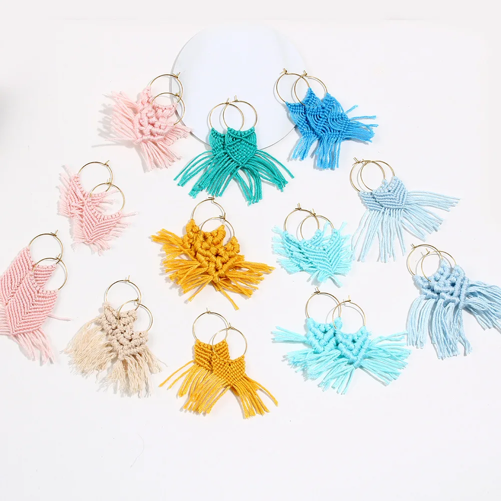 

Bohemian Handmade Cotton Weave Tassel Earrings fro Women Girl Statement Geometric Round Hoop Earring Colorful Green Blue Jewelry