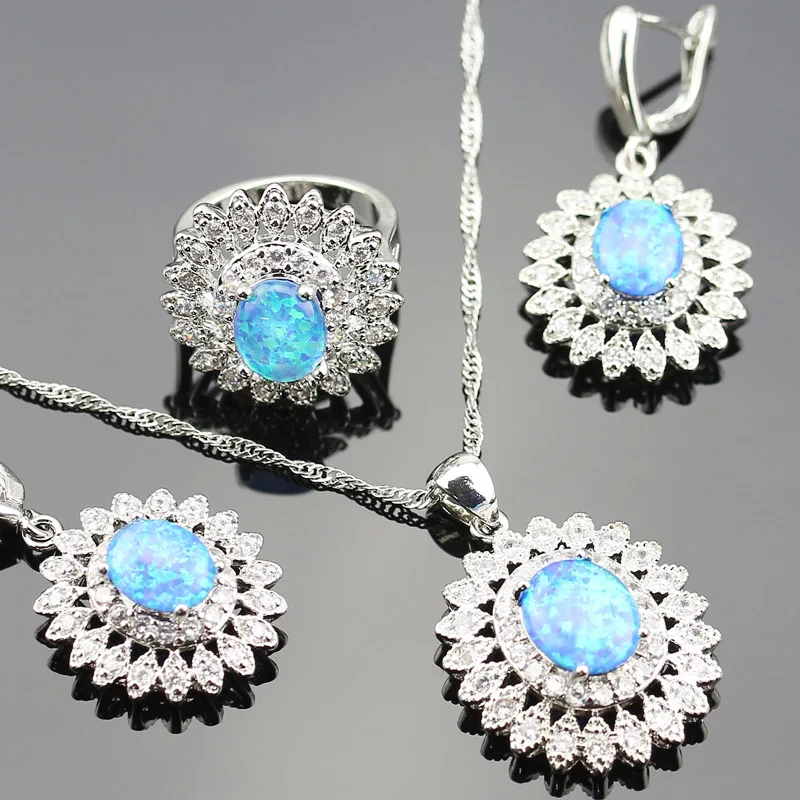 

925 Logo Australia Blue Opal Jewelry Set For Women Silver color Rings/Earrings/Necklace/Pendant For wedding party