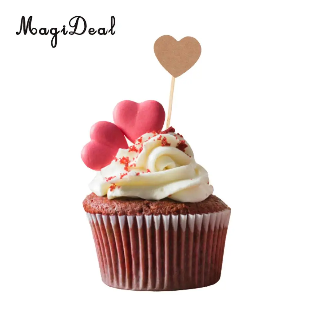 MagiDeal Craft Paper Rustic Heart Cupcake Cake Topper Flags Pick Wedding Party Decor 