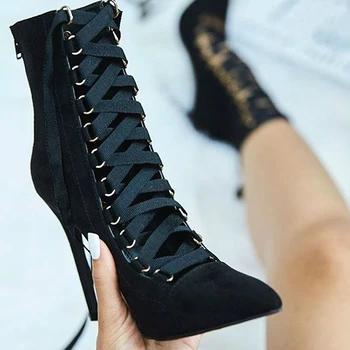 

Vogue 62 Size Lace Up Cross-tie High Heel Women Boots Sexy Pointed Toe Ankle Boots For Women Botas Altas Mujer SWE0222
