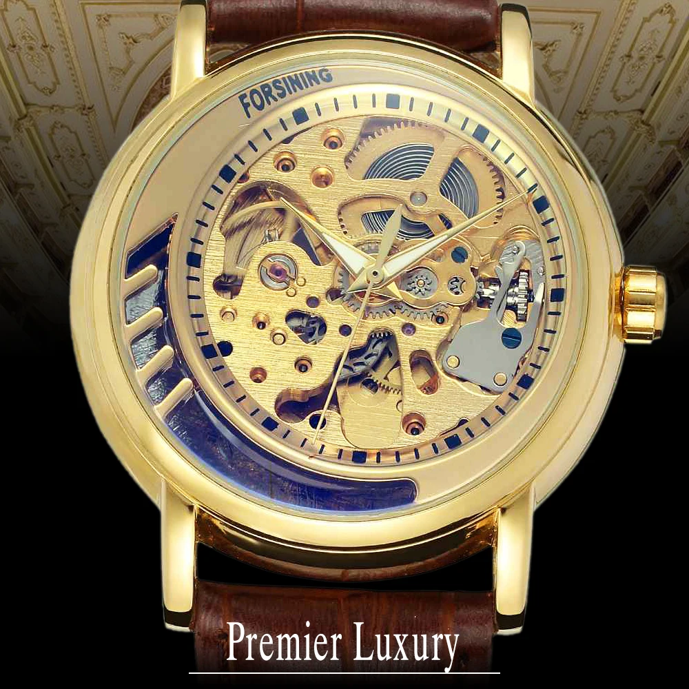 

Forsining Half Skeleton Design Genuine Leather Strap Men Watch Top Brand Luxury Black Case Skeleton Watch