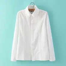 Nice Pop Women Spring White Blouse Long Sleeve Single Breasted Shirt Elegant Office OL Shirt Crochet Lace Stitching Blouse AE108