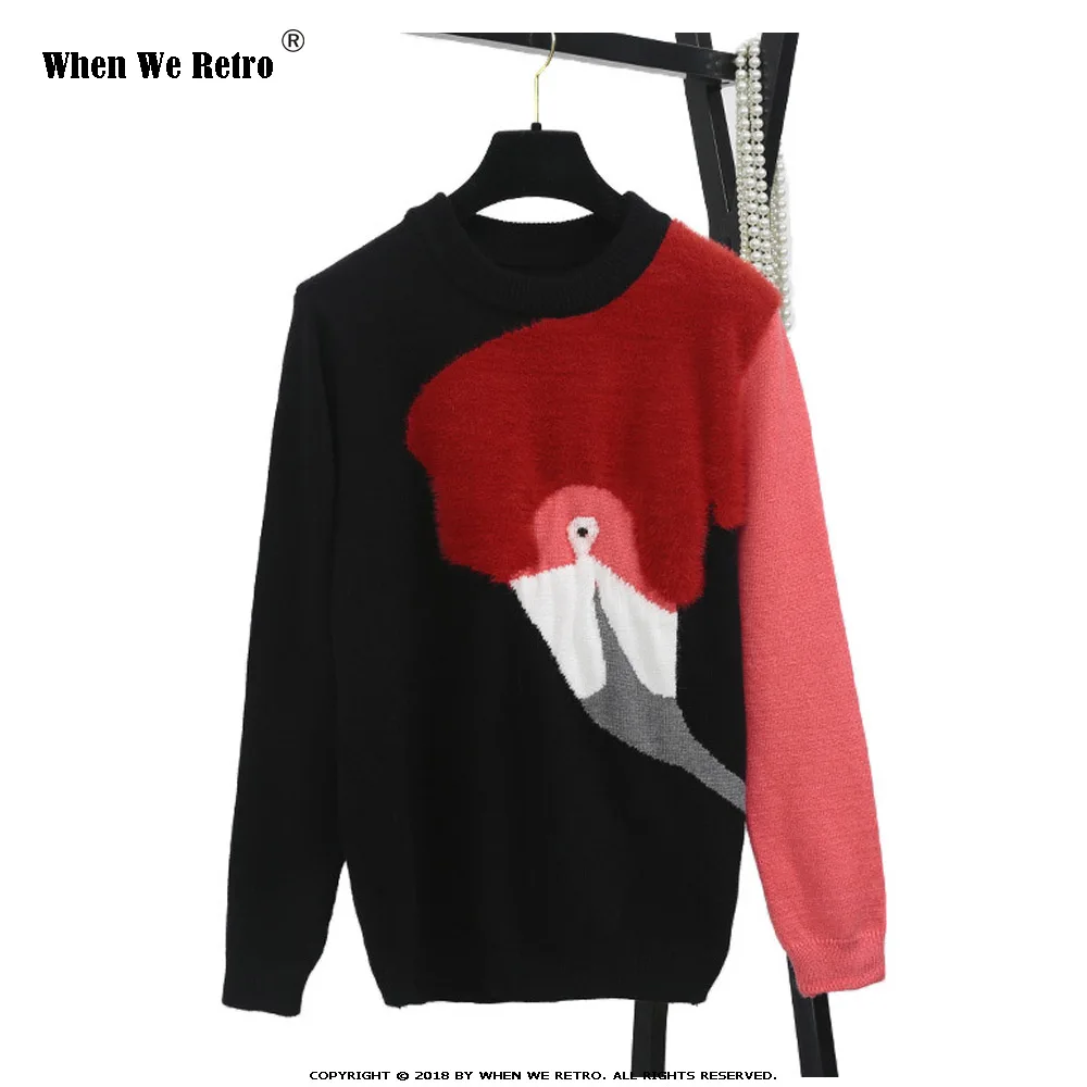 

When We Retro Autumn Winter Fashion Knitted Sweaters Animal Print Flamingo Fluffy Knit Pullovers Patchwork Casual Jumper YC20
